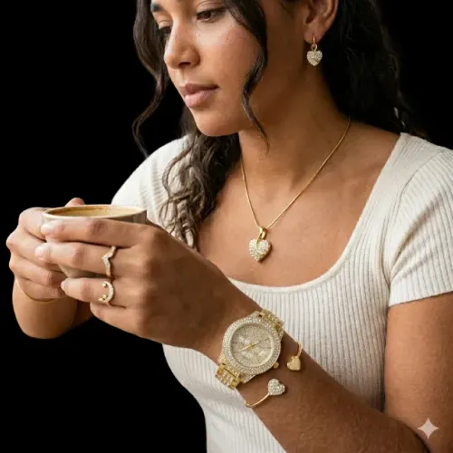 Conjunto de Joias Feminino Relógio Colar Bracelete Brincos Anel Dourado Cravejado