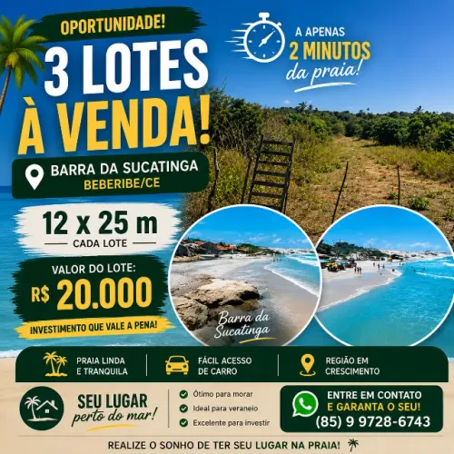 3 Lotes 12x25 - 2 minutos da Praia da Barra da Sucatinga - Beberibe/CE