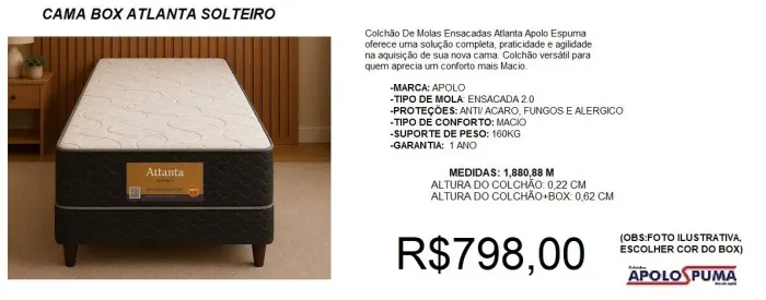 Cama box solteiro com colchão molas apolo atlanta
