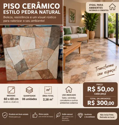 Piso Cerâmico 60x60 cm - Estilo Pedra Natural - 6 Peças