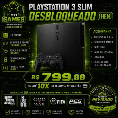 Ps3 Slim 500GB DESBLOQUEADO (HEN) com garantia