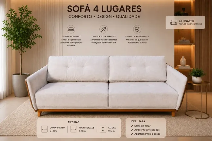 Sofá Premium em couro marrom e linho cinza, 4 lugares, pés de madeira maciça