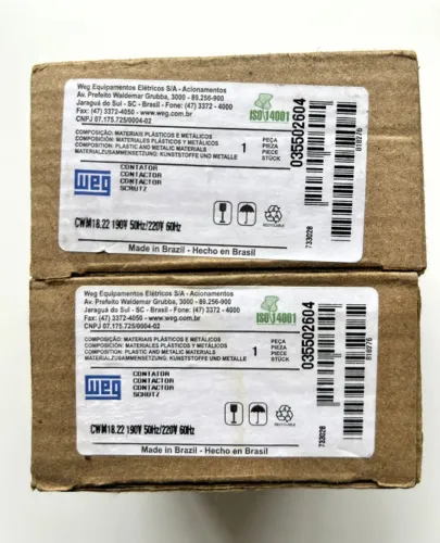 Kit 2 Contator de Potência Tripolar CWM18.22 WEG 18A 220V AC3 50/60Hz 1NA + AUX 2NA+2NF
