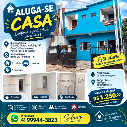 Aluga-se casa com água incluso no aluguel.  Vitória Régia Bairro CIC