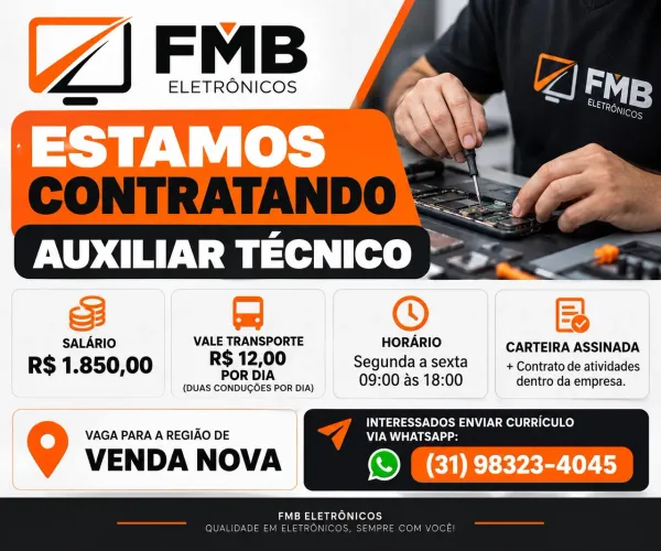 Vaga Auxiliar técnico sem experiência