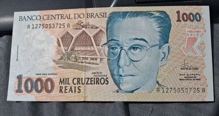Cédula 1000 cruzeiros reais - Anísio Teixeira. Flor de estampa" (FE).