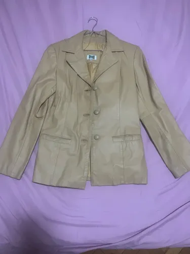 Jaqueta de couro legítimo, Bege, feminina tamanho M