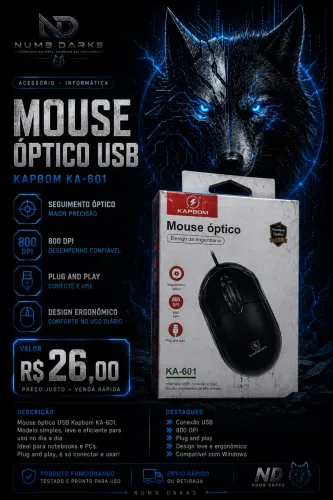 Mouse Óptico USB Kapbom KA 601 Preto Plug and Play 800 DPI