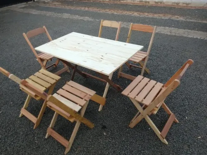 Jogos De Mesa Dobrável 1,20x70 com 6 Cadeiras Em Madeira Bruta