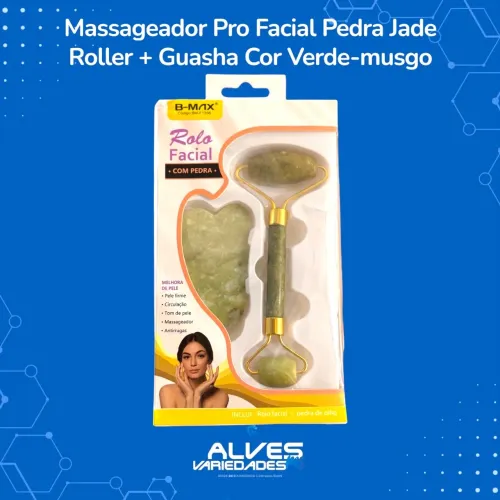 Massageador Pro Facial Pedra Jade Roller + Guasha Cor Verde-musgo