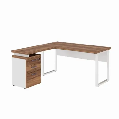 Mesa Escritório em L com Gaveteiro 1,50x1,50 Nogal Sevilha Branco Estrutura Robusta 34339