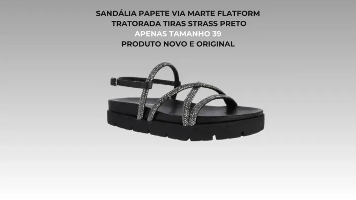 Sandália Papete Via Marte Flatform Tratorada Tiras Strass Preto Tamanho 39