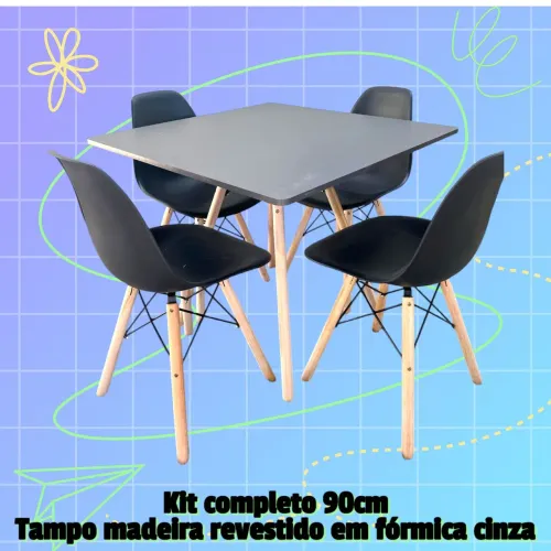 Mesa de Jantar 90cm Tampo Madeira Cinza com 4 Cadeiras