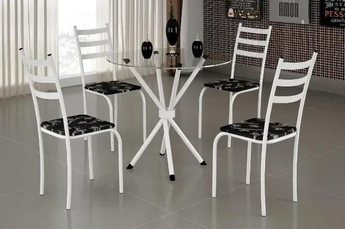 Conjunto Mesa Maraba 75x75 Branco Tmp Vidro Redondo com 4 Cds Branco.Lirio Preto Teixeira