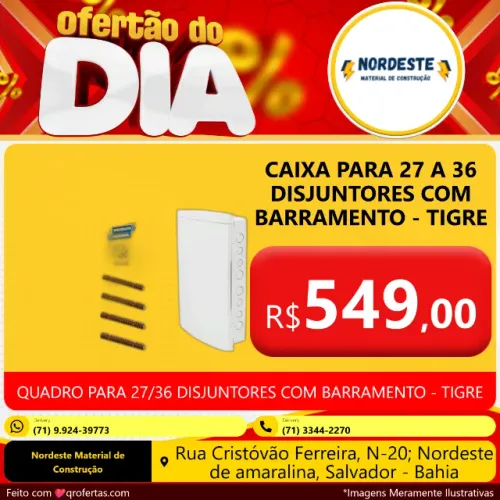 QUADRO DE DISTRIBUIÇÃO PARA 27 A 36 DISJUNTORES TIGRE COM BARRAMENTO TIGRE 