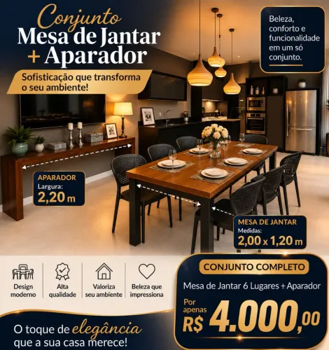 Mesa 6 lugares de madeira com 6 cadeira de veludo mais aparador