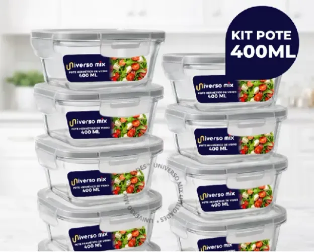 Kit 10 ou 5 Potes Vidro Hermético 400ml Quadrado Marmita Fitness.