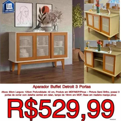 Buffet Aparador Detroit 3 Portas De Correr Sala De Jantar