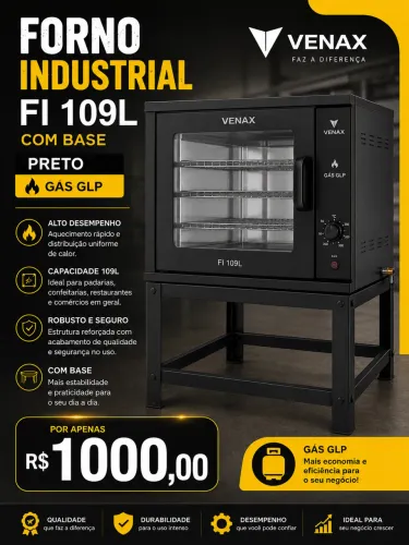 Produto. FORNO INDUSTRIAL FI 109L COM BASE PRETO GAS GLP