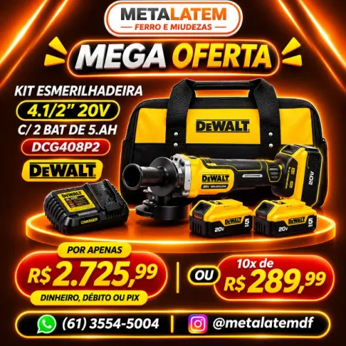 KIT ESMERILHADEIRA ANGULAR DEWALT 4.1/2? 20V MAX BRUSHLESS DCG408P2 COM 2 BATERIAS 5AH