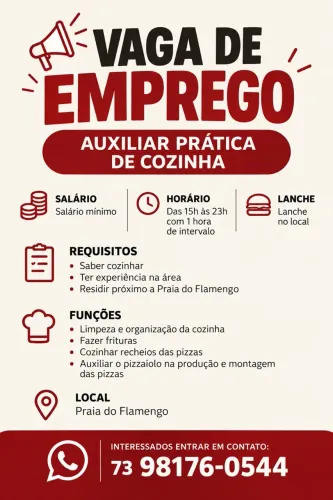 Vaga para auxiliar de cozinha em praia do flamengo