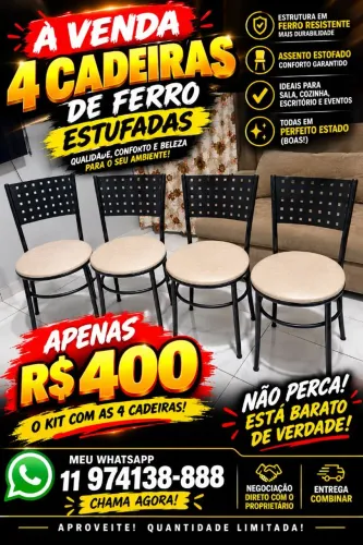 ? 4 CADEIRAS DE FERRO ESTOFADAS ? R$ 400 ?<br>? AS 4 POR APENAS R$ 400!
