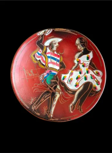 Prato Cobre Esmaltado Chileno Vintage, Anos 70, Dança Cueca