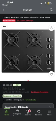 Vendo cooktop consul 4 bocas a gás, acendimento elétrico.