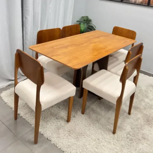 Mesa de Jantar Dubai Flex 160x80cm Sem Vidro e 6 Cadeiras Barcelona em Linho Madeira Cel M