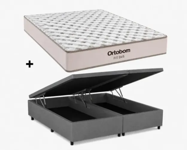 BAU QUEEN BIPARTIDO CORINO CINZA + COLCHÃO FIT ESPUMA D45 ORTOBOM