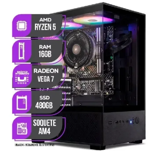 Pc games mancer, AMD ryzen 5600GT, Vega 7, 16GB DDR4, SSD 480GB, fonte 400W 80 Plus
