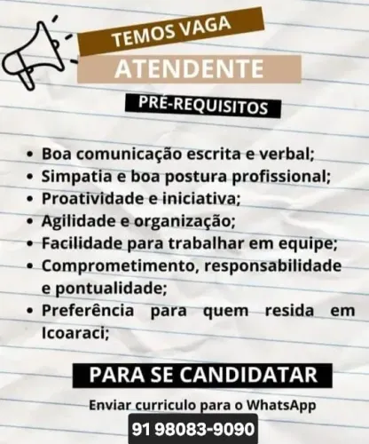 Vaga para ATENDENTE 