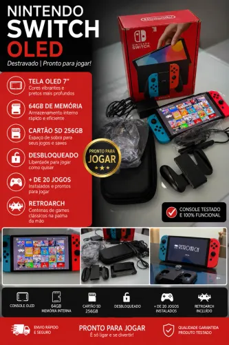 ? NINTENDO SWITCH OLED COMPLETO + DESBLOQUEADO ? PRONTO PARA JOGAR! ?