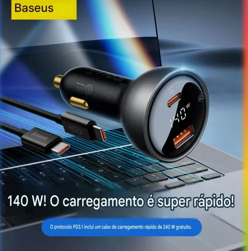 Carregador Baseus 140W Real Numa Única Saída USB-C + Cabo (Único em JP)