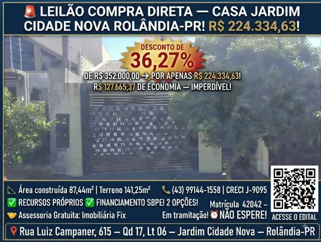CASA JD CIDADE NOVA EM ROLÂNDIA ? GRANDE DESCONTO À VISTA