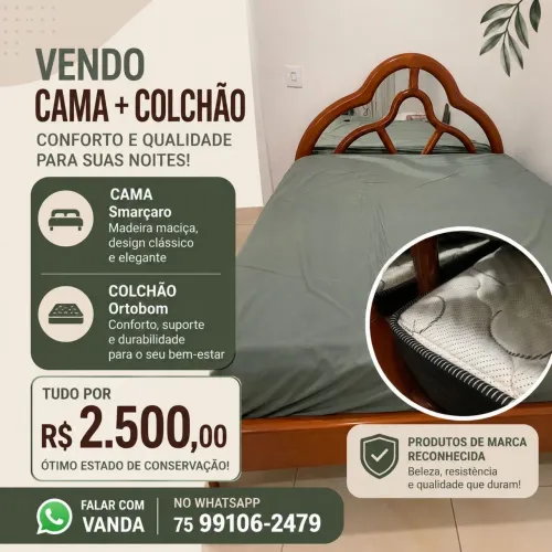 Cama de casal de madeira da smarçaro e colchão da ortobom
