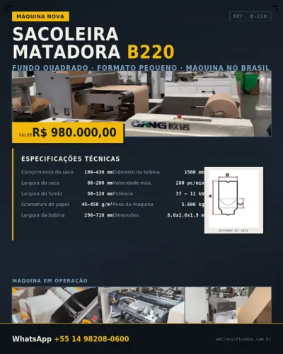 299 Sacoleira Matadora fundo quadrado Máquina b220 nova para formato pequeno. Máquina está