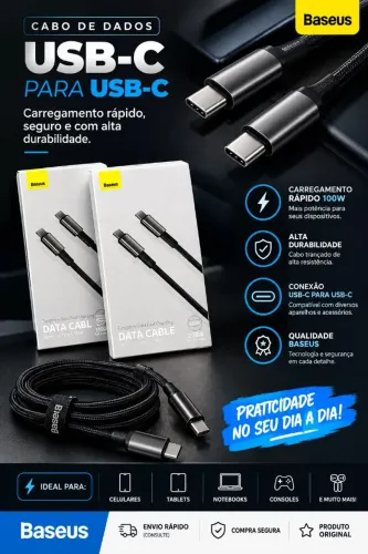 ? CABO BASEUS USB-C PARA USB-C 100W - CARREGAMENTO RÁPIDO