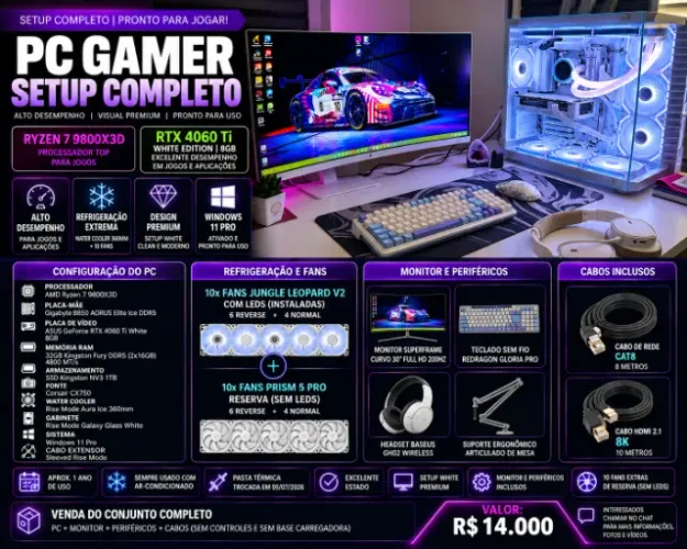 PC GAMER COMPLETO - RYZEN 7 9800X3D + RTX 4060 TI WHITE + 32GB DDR5 + MONITOR 200HZ