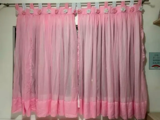 Cortina Infantil Rosa e Branco Voil c/Forro