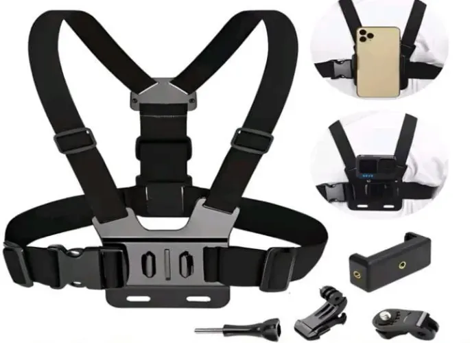 Suporte peitoral para celular e câmara de ação 