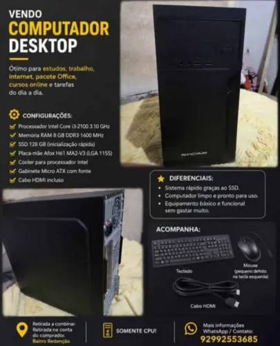 Computador Desktop i3, 8GB RAM, SSD 128GB - Rápido e Funcional + teclado+HDMI+MOUSE
