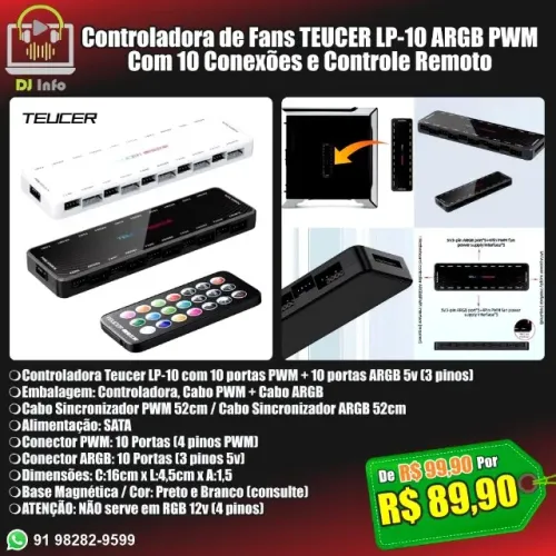 Controladora de Fans TEUCER LP-10 ARGB PWM Com 10 Conexões e Controle Remoto