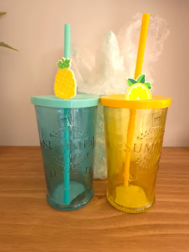 Copos com canudo Summer Party Urban vidro amarelo 500ml