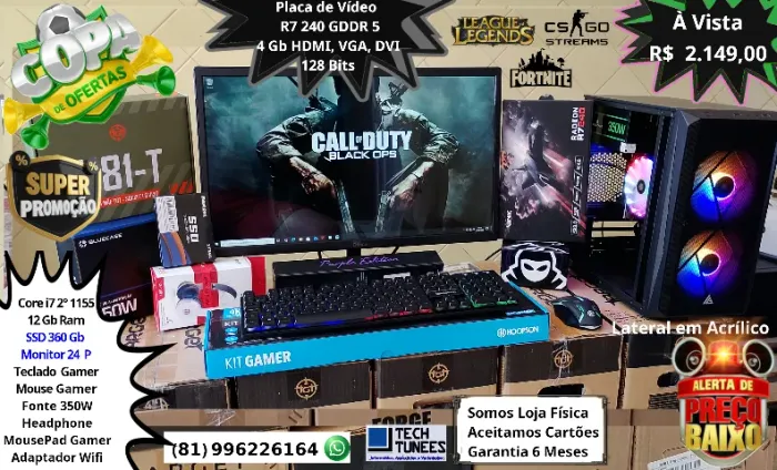 PCs Gamer Completos- Core i5, Core i7- 8Gb, 12Gb Ram-SSD 128,360 Gb-Monitor 24-Placa Vídeo