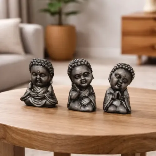 Trio de monges Gesso Prateado Artesanal Decorativo