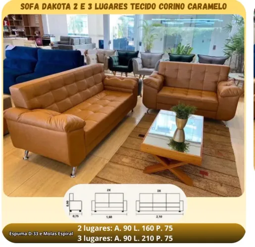 Sofá Dakota em Courino Caramelo - Conforto, Resistência e Elegância para sua Sala