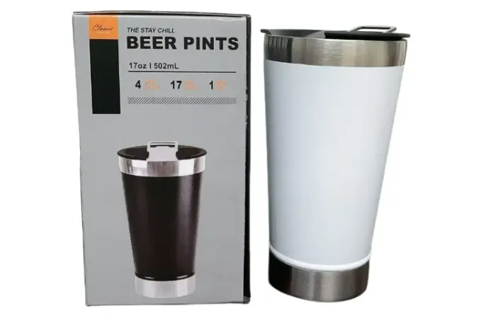 Copo Térmico Com Tampa Abridor Cor Branco e preto 473ml