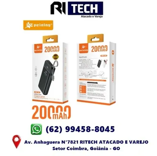 Carregador Power Bank Portátil 20000 Mah Preto Carga Rápida Peining Tipo C Lightning