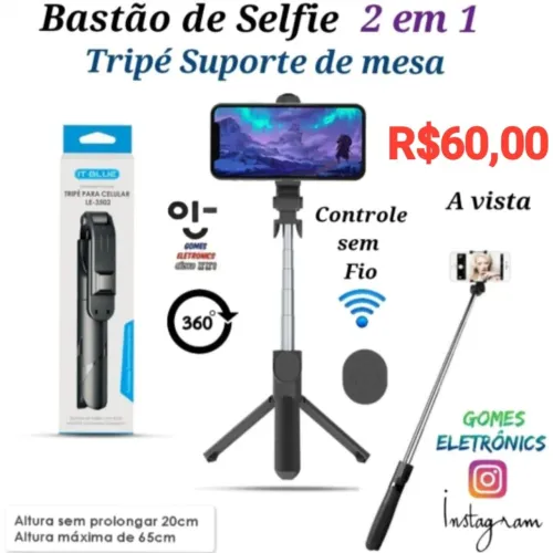 Bastão de selfie e tripé suporte de mesa 2 em 1 - R$60,00